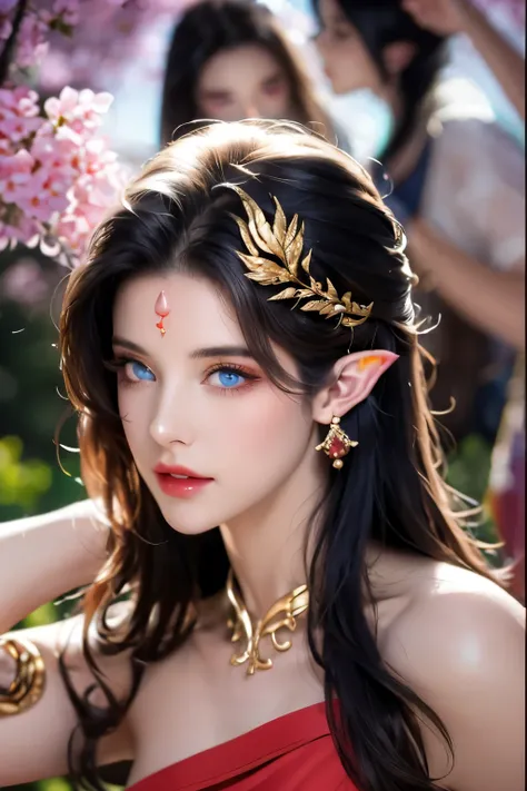One 20 year old girl, (breast :1.1), navel,upper body,bare shoulders,wears red tube top,red skirt, blue gems,shiny skin,hand in own hair,(mature female),milf, beautiful cai lin, deep blue eyes, jet black long hair, face symmetry 8k resolution high quality....