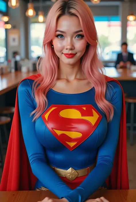 A BEAUTIFUL YOUNG INNOCENT 24-year-old Japanese girl sitting at a SIGNING AUTO-GRAPHS of her picture. She has long, straight pink hair flowing over her shoulders, soft yet determined blue eyes, and a calm, inviting smile. Her facial features reflect her Ja...