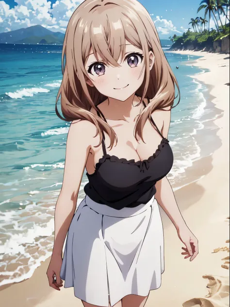 service、best quality、high resolution, best quality, super quality、8K,shot from the front、standing、1 girl on break day , solo、Katase Shiori、smile、Shut your mouth、camisole caught、white long skirt、ONE GIRL STANDING ON THE SAND、beautiful girl like a fairy、Sky ...
