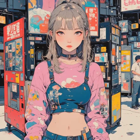 (young Japanese woman:1.5), cyberpunk illustration , ideal composition, Breathtakingly Beautiful Art , Detailed Line Art, best quality, Standing in front of a vending machine, Colorful canned juices lined up:1.331, pink cherry blossom pattern hoodie s...