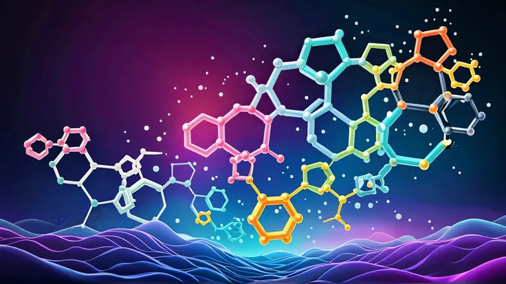 Modern molecular structure with hexagons,Molecular structure of luminescent particles and waves。medicine、Chemical、and technical background design