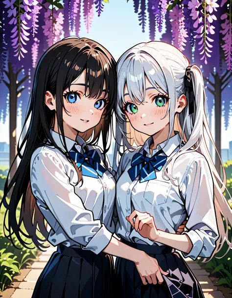 (score_9, score_8_up, score_7_up), source_Anime, absurd_res, white, blue, black, 2girls, duo, upper body, super fine illustration, an extremely delicate and beautiful, best quality, masterpiece, 8K, spring setting, wisteria flowers, gentle breeze, sunlight...