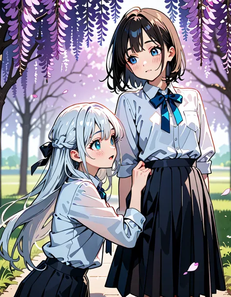 (score_9, score_8_up, score_7_up), source_Anime, absurd_res, white, blue, black, 2girls, duo, upper body, super fine illustration, an extremely delicate and beautiful, best quality, masterpiece, 8K, spring setting, wisteria flowers, gentle breeze, sunlight...