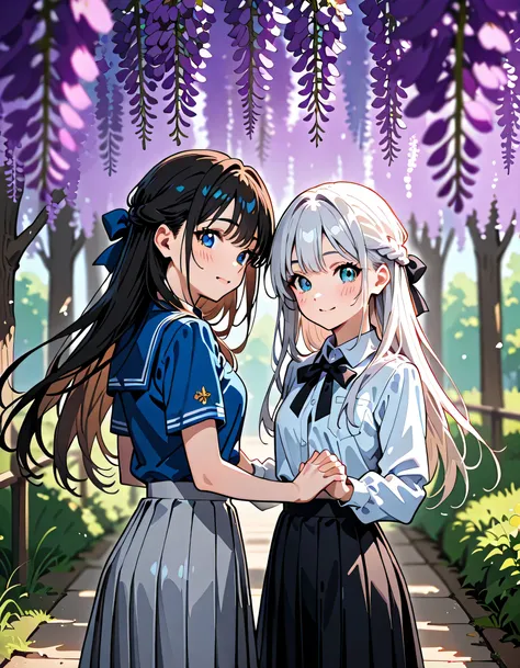 (score_9, score_8_up, score_7_up), source_Anime, absurd_res, white, blue, black, 2girls, duo, upper body, super fine illustration, an extremely delicate and beautiful, best quality, masterpiece, 8K, spring setting, wisteria flowers, gentle breeze, sunlight...