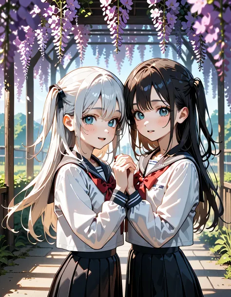 (score_9, score_8_up, score_7_up), source_Anime, absurd_res, white, blue, black, 2girls, duo, upper body, super fine illustration, an extremely delicate and beautiful, best quality, masterpiece, 8K, spring setting, wisteria flowers, gentle breeze, sunlight...