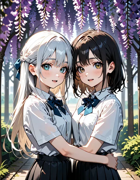 (score_9, score_8_up, score_7_up), source_Anime, absurd_res, white, blue, black, 2girls, duo, upper body, super fine illustration, an extremely delicate and beautiful, best quality, masterpiece, 8K, spring setting, wisteria flowers, gentle breeze, sunlight...