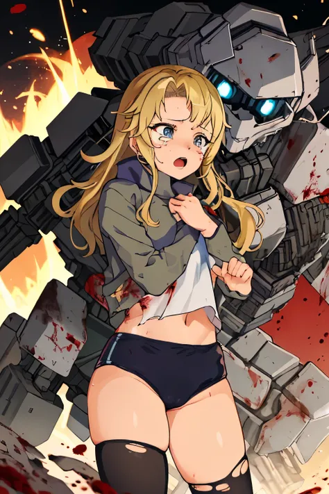 cockpit_explosion, fire, electricity, screaming, explosion, science fiction, wide-eyed, tearing clothes, standing, blood, scared, sweat, crying, mecha, torn clothes, tears, cockpit,1girl、wearing black gymnastics bloomers,high leg,white blouse,cowboy shot,s...