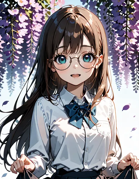 (score_9, score_8_up, score_7_up), source_Anime, absurd_res, white, blue, black, 2girls, duo, upper body, super fine illustration, an extremely delicate and beautiful, best quality, masterpiece, 8K, spring setting, wisteria flowers, gentle breeze, sunlight...