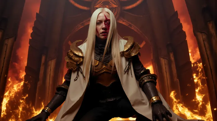 a female fighter with long white hair in a burning scene,Young, beautiful, and cool,long white hair, Straight Hair, Serious facial expression ,But kneel down,One hand holds the ground,The other hand covers one eye,Half of her face have blood stains Mysteri...