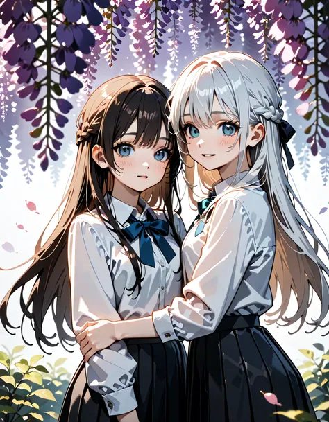 (score_9, score_8_up, score_7_up), source_Anime, absurd_res, white, blue, black, 2girls, duo, upper body, super fine illustration, an extremely delicate and beautiful, best quality, masterpiece, 8K, spring setting, wisteria flowers, gentle breeze, sunlight...
