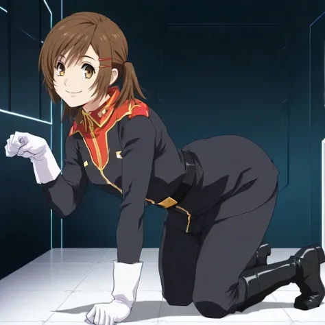 brown hair, asymmetrical hair, short twintails,