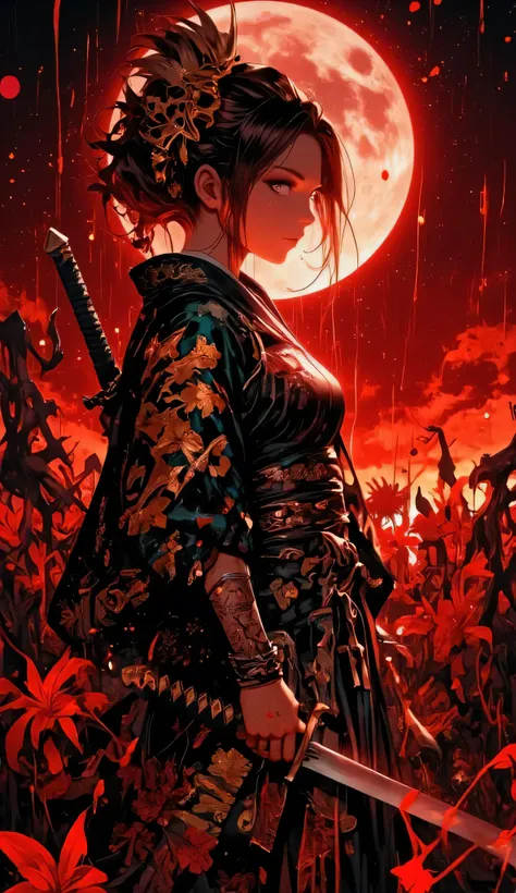 dramatic scene, 1girl, solo, katana, yukata, blood moon, red spider lily, ultra-detailed, masterpiece, professional, photorealistic, hyperrealistic, 8k, dslr, natural lighting, vibrant colors, highly saturated, cinematic, dark fantasy, horror, moody, atmos...