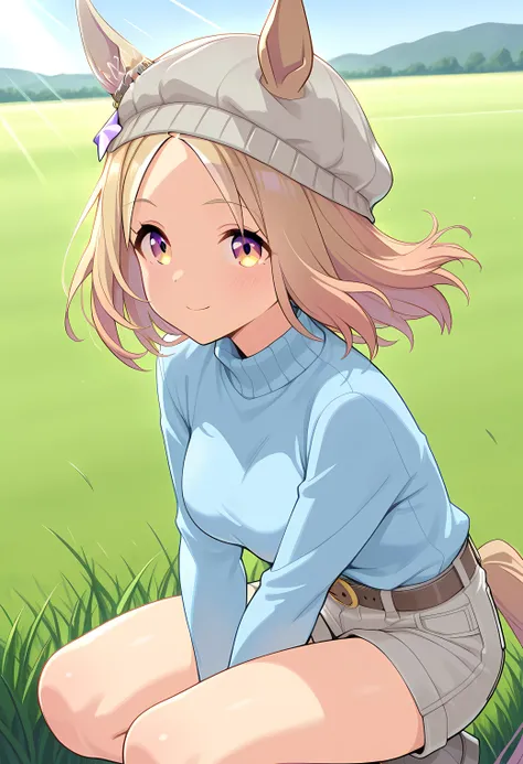 narita top road \(umamusume\),grey boots, horse tail, grey shorts, horse ears, beanie, long sleeves, medium hair, sweater, ears through headwear, belt, , star hair ornament, grey headwear, blue camisoleCelestial road,(((masterpiece))),(((detailed)))((best ...