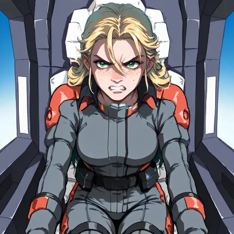 kay nimrod, freckles, green eyes, blonde hair, long hair, serious expression, sitting, clenched teeth,
