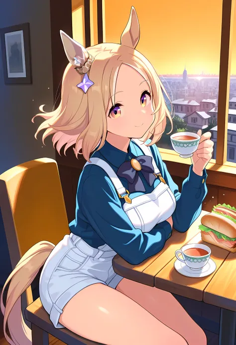 narita top road \(umamusume\)(((masterpiece))),(((detailed)))((best quality)),((hyper detailed)),(beautiful),((shinythighs)),(((shiny skin))),(high quality skin),((8k)),((high resolution)),smile,light blush,close mouth,floating hair,sitting on wooden chair...