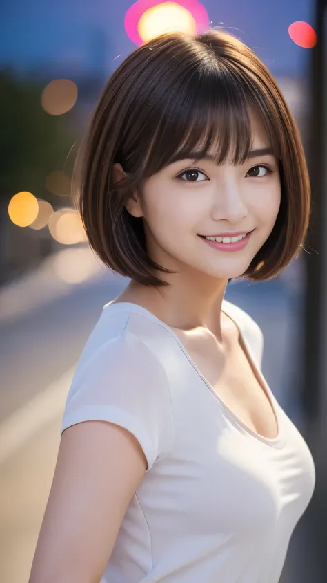 masterpiece, best quality, ultra high res, ultra detailed, sharp focus, 1girl, solo, a stunning pretty and beautiful Japanese sexy model, 19yo, looking at viewer:1.3, (bright smile:0.6), wearing a (blouse), dusk, sunset, night, realistic, slender, (standin...