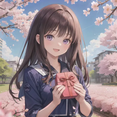 A breathtakingly beautiful 20-year-old woman stands in a lush park filled with cherry blossoms in full bloom beneath a clear blue sky. She wears a classic sailor uniform and gently holds a small, neatly wrapped gift box adorned with a red ribbon. Her radia...