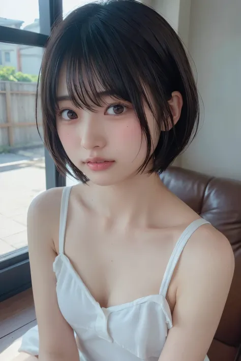 ( bob cut hair :1.2),( camisole:1.heer:1.4), 1 girl, Japanese ,21 years old,( small breasts:1.3),( top quality,masterpiece:1.3, super A high resolution,),( ultra detail , caustics ),( photorealistic:1.4,RAW shooting,) super realistic capture , very detaile...