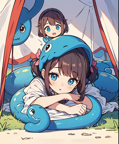 ( masterpiece、 best quality、 best quality、Official Art、 beautiful beautiful :1.2) Hatsune Miku、light green twin tails, beautiful breasts,(( Nessie of any size :1.5、 and she sleeps lying down sticking out of a lakeside tent {x}:1.5、Crawl、 Face Down 、Hitting...