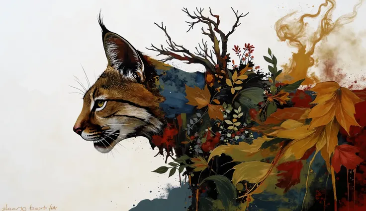 modern collage, use natural pigments and leafs and flowers to make a representation of a spirit animal, a cougar, in an ethereal representation made of smoke and montain vegetation, , color palette: Button Blue, Dark Yellow, Peridot, UE Red, Carmine