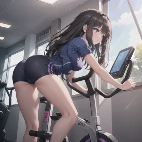 A fitness gym, a person training on a stationary bike, side view, bright morning sunlight through large windows.  Dark hair, long hair, purple eyes. 