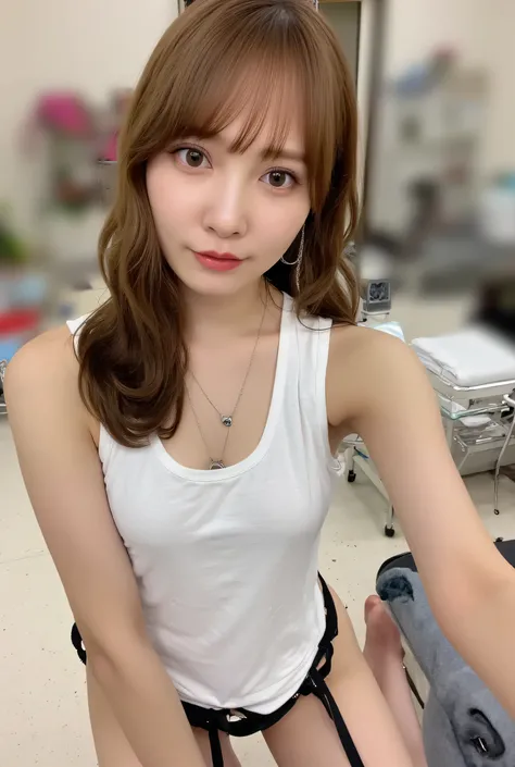 light brown long hair in pink sheets , Big Breasts、bust size is F cup、Beautiful 22 year old woman ,    body without protruding ribs    ,curvy body, beautiful buttocks, beautiful skin,upper body,(( It is facing the viewer who took the picture )), expression...