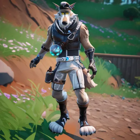 Wendel, anthropomorphic wolf, brown and white fur, big pointed ears, yellow eyes, black beret, earrings, sleeveless black vest, bright blue orb tied to the chest, metallic silver shorts with black trims and utility elements, Silver belt, chain tied to the ...