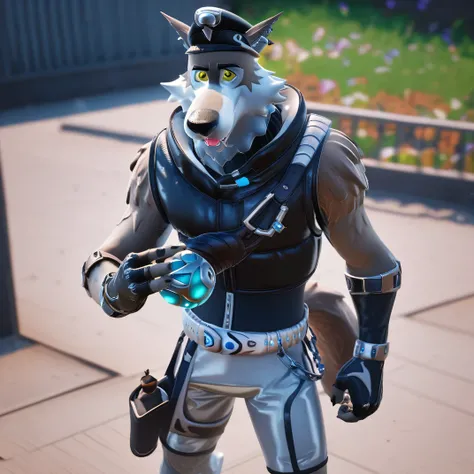 Wendel, anthropomorphic wolf, brown and white fur, big pointed ears, yellow eyes, black beret, earrings, sleeveless black vest, bright blue orb tied to the chest, metallic silver shorts with black trims and utility elements, Silver belt, chain tied to the ...