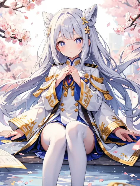 Long silver gray hair adorned with cherry blossom petals, Light golden pupils reflect the falling spell, Touch the floating page with your fingertips, Light blue hem brush the shining light flowing through pearl white stockings