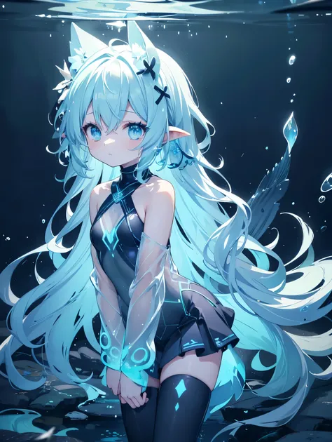 with fluorescent chalk {x} indigo wave heads drift with the water stream into the form of seaweed，Glowing fish gills grow behind the ears，draw swirls on the blackboard，phosphorescent stockings absorb glowing plankton