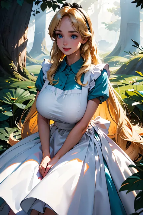 medium cowboy shot, (((soft lighting))), eyes looking away, tall skinny araffe lanky statuesque slim Alice, young Lily James, (sky blue button-down collared blouse and dress), bright symmetric eyes, big huge massive gigantic colossal sagging long symmetric...