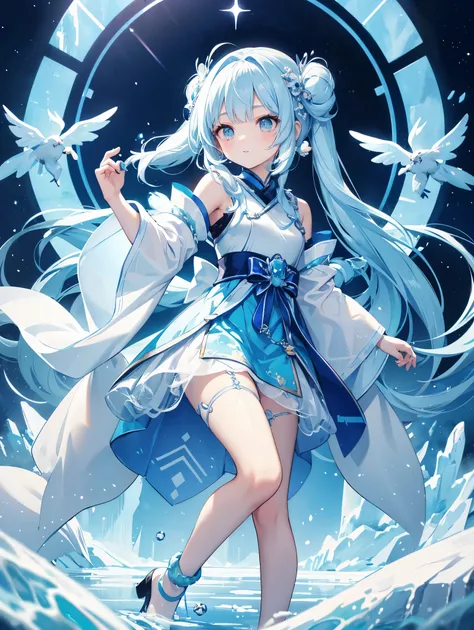 Xueqing Hime's hair style bangs with ice edge hair chains，Lashes condense ice crystals，iridescent stockings reflect another mirror of myself at the bottom of the lake，Touching the ice surface causes aurora ripples