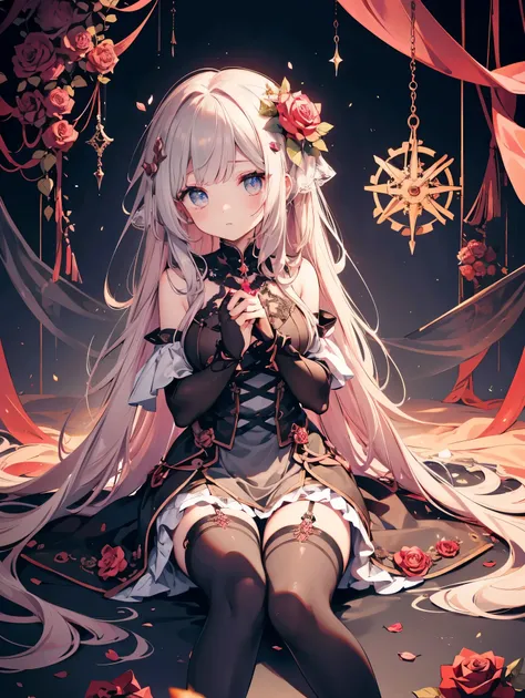 rose-colored princess cut with copper wire intertwined between them，pupils contract like gears，metallic gray stockings rotate with the rose to decompose and reassemble，palm growth stem driven by starting strip