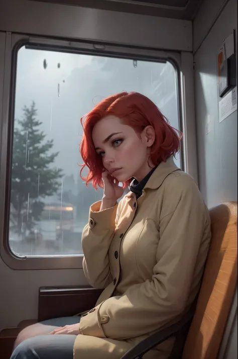 An oil painting of a woman with fiery red hair and deeply troubled emerald green eyes. She is seated in an old western train car with a rain-streaked window. The woman is wearing a dark green woolen coat, and her hands are clasped tightly in her lap. She g...