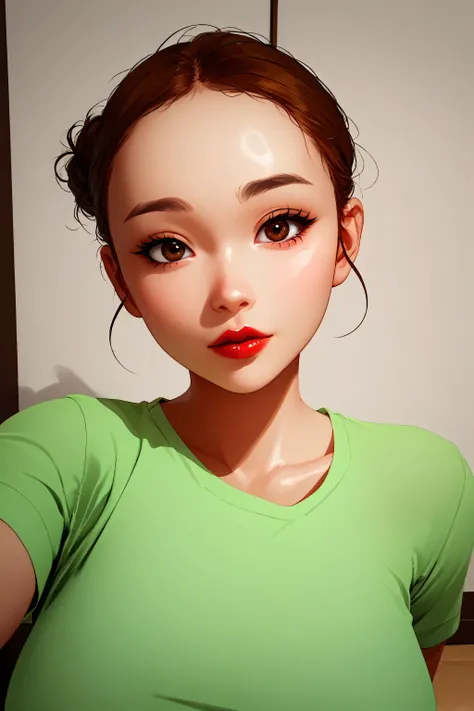 simple background, perfect face, hair bun, brown hair, (forehead), black thin eyebrows, big glowing brown eyes, thick red lips, beautiful woman, shirt, green shirt, medium breasts, pov, ((female asian)), asian