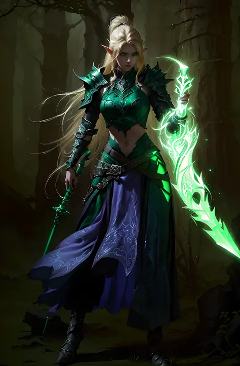 arafed female elf with a green glowing staff and a sword, a blonde emerald warrior, necromancer sorceress, beautiful necromancer, dark fantasy style art, epic fantasy style art, female necromancer, epic fantasy digital art style, epic fantasy art style, ep...