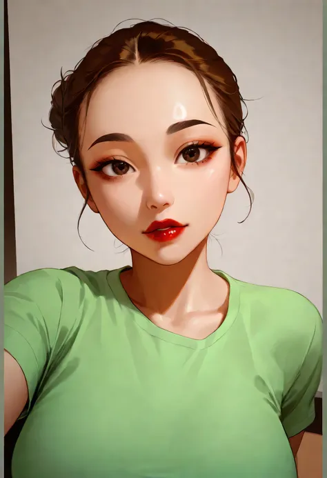 simple background, perfect face, hair bun, brown hair, (forehead), black thin eyebrows, big glowing brown eyes, thick red lips, beautiful woman, shirt, green shirt, medium breasts, pov, ((female asian)), asian