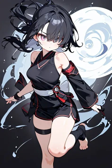 NINJA WIND,((Hair covering one eye)),Mysterious Atmosphere, natural body,(Ninja costume+shorts,), socks,detailed clothes,(slender figure,marshmallow breasts ,),beautiful black hair,well-groomed face,Clear Skin,middle school students,Fair skin,Japanese face...