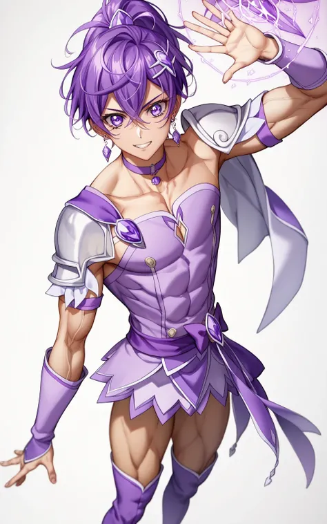 score 9 、score 8 up、score 7 up、source anime、masterpiece、best quality、high resolution、anime coloring、1boy、cure sword、(male:1.olo、close up of a cartoon boy in a purple dress、 Boy with short purple hair、With Sparkling Purple Eyes 、high short ponytail hair、spa...