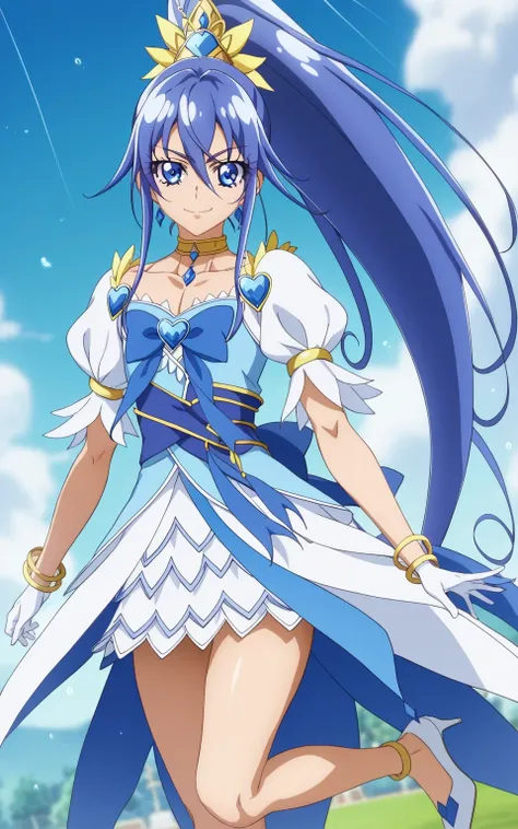 score 9 、score 8 up、score 7 up、source anime、masterpiece、best quality、high resolution、anime coloring、1boy、cure diamond、(male:1.olo、close up of a cartoon boy in a blue dress、 Boy with long blue hair、 With Shining Blue Eyes 、high long ponytail hair、dia shape ...