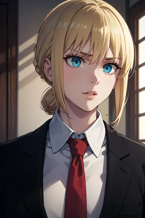 25 year old woman, Russian, government hitman, wearing a white shirt, wearing a black blazer, wearing a red tie, messy bun hairstyle, blonde hair color, blue eye color, thin lips, sharp eyes, fierce, bitchy, facing forward, looking forward, half body, hd