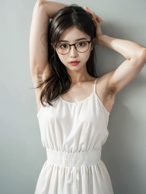 1girl, portrait, (glasses Japanese girl, hairy armpit exposed, hairy armpits, armpit hair:1.4), ((white summer dress)), (thin body), pale skin:1.2, (blush, glasses, parted lips), empty room, white wall, studio lighting, looking at viewer, Realistic, (real ...
