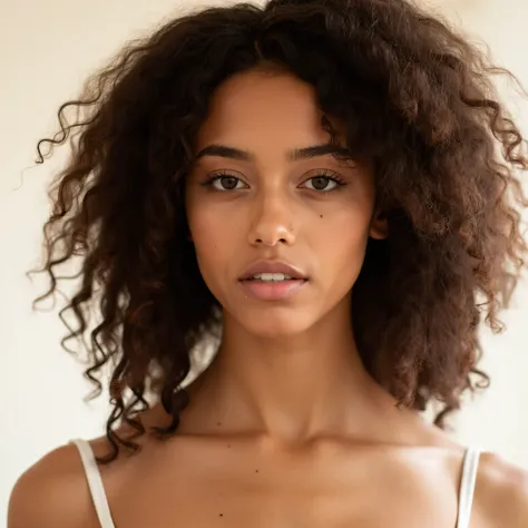 ((ultra-realistic portrait)), (close-up), ((beautiful young woman)), (curly dark brown hair), (smooth glowing brown skin), (deep brown eyes), (natural soft lighting), (subtle makeup), (white tank top), (cinematic look), (shallow depth of field), ((masterpi...