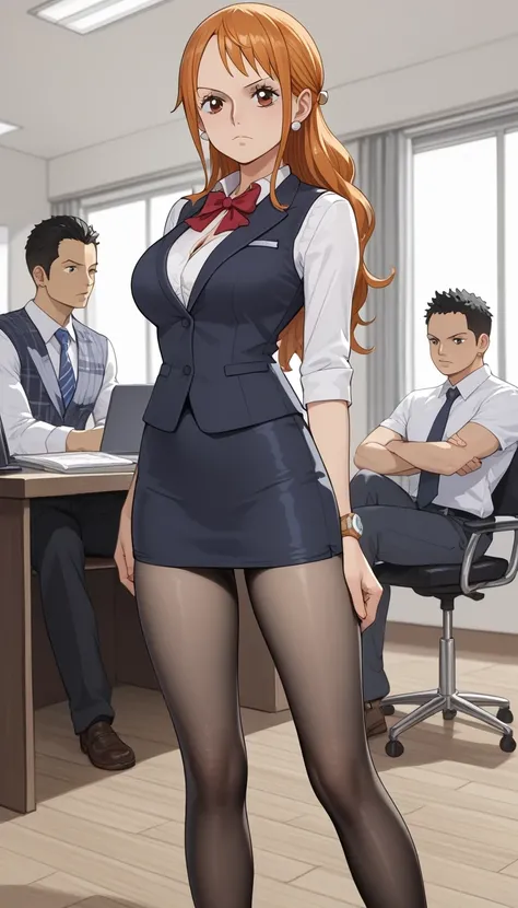 score_9, score_8_up, score_7_up, source_Anime Top Quality、8k、 masterpiece、super high accuracy、 natural light、perfect anatomy、one woman、medium breasts、saggy breasts:1.7、one piece、nami、((expressionless))、office lady、office suit、(plaid office vest for boys to...