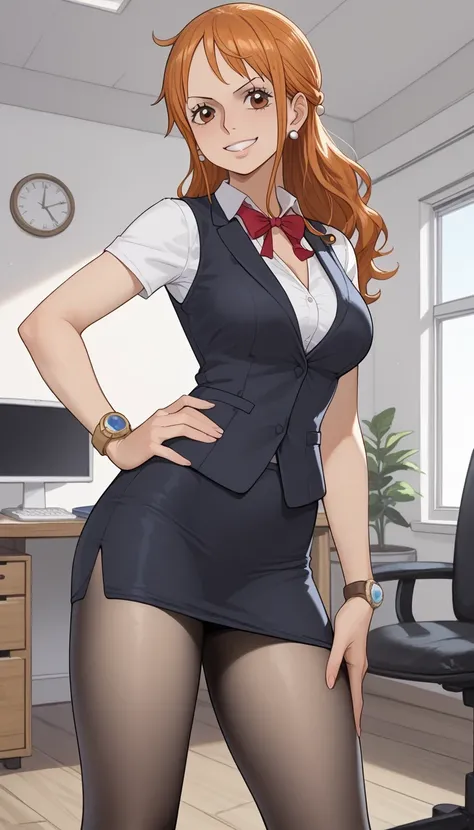 score_9, score_8_up, score_7_up, source_Anime Top Quality、8k、 masterpiece、super high accuracy、 natural light、perfect anatomy、one woman、medium breasts、saggy breasts:1.7、one piece、nami、(smiles)、office lady、office suit、(Office Vest、wrap a red ribbon around yo...