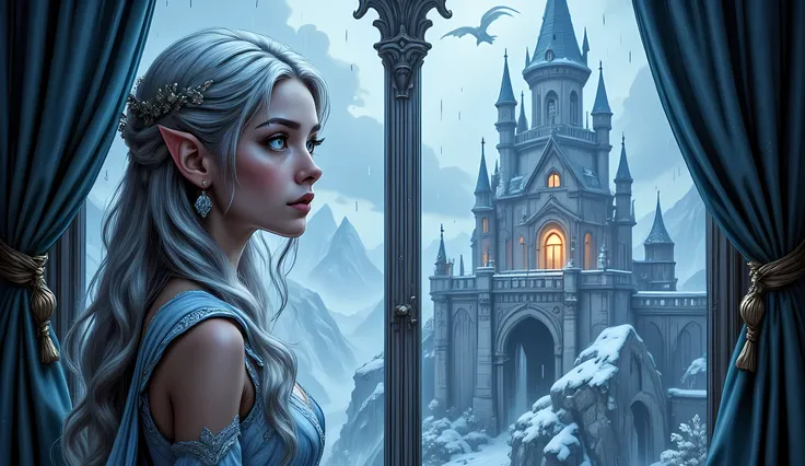 fantasy art, RPG art, a portrait picture of a beautiful elf princess looking through her window at a magical castle on a wintery night, it is raining the window is wet from the rain, a beautiful elven princess looking through her window to see a magical ca...