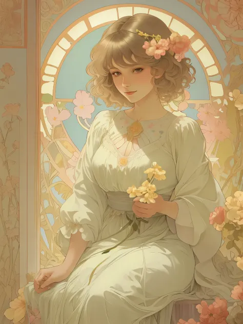 378(20 year old women),(short hair),(gentle smile),(high quality photos),(Alphonse Mucha),(colorful floral dress),(A room with a large painting),((contrast between light and shade))