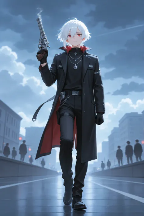 Full body photo,Time is modern,White hair, The left eye is red and the right eye is blue,a boys,Wear a piece of clothing with personal style and accessories,There are some silver ornaments in the hair,Holding a large revolver,The revolver has a sci-fi look...
