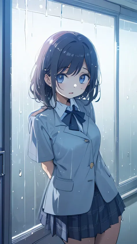 1 girl on break day uniform miniskirt Interval interior it's raining outside Glass is wet