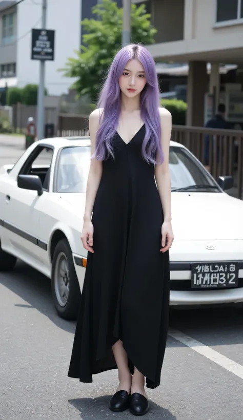 image of a girl with bright purple hair and eyes, with a kind look , long hair, it should look fragile and thin, wear a spacious black dress and wear black shoes, there should be an old Mazda RX7 FC white car in the background without unnecessary styling o...